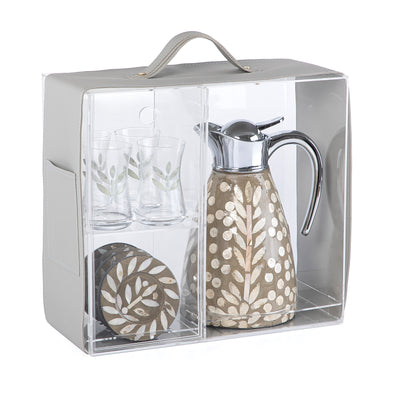 طقم مطارة صدف مع 4 أكواب شاي زجاجية و4 صحون في علبة أكريليك - بيج