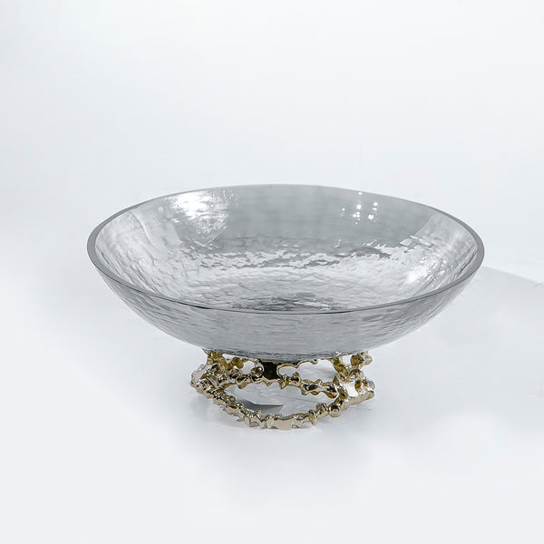 Grey Round Glass Bowl With Metal Base