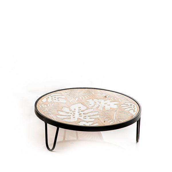 Black And Beige Round Wood And Metal Stand - Large