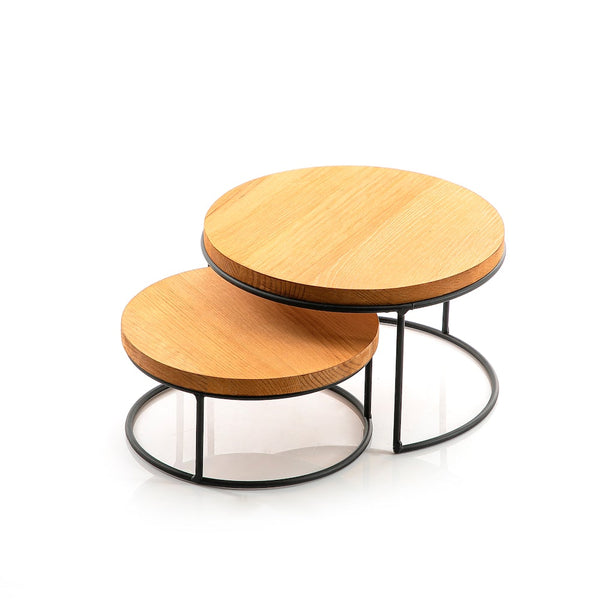 Set of 2 Modern Round Wooden Stands with Metal Base