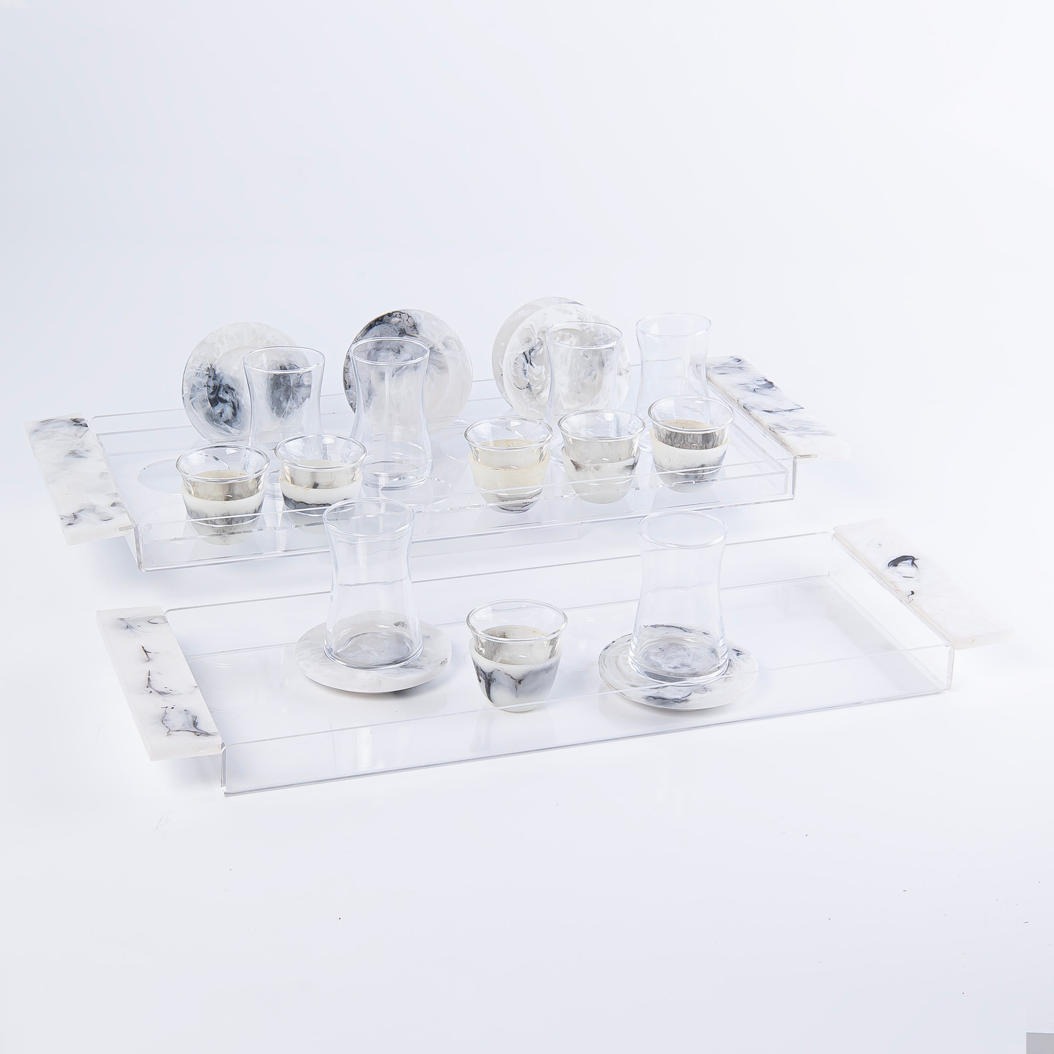 Resin Set of 20 ( istikana + coffee cups+ saucers + trays )- White & Black