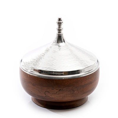 brown round wooden food preserver with silver metal cover