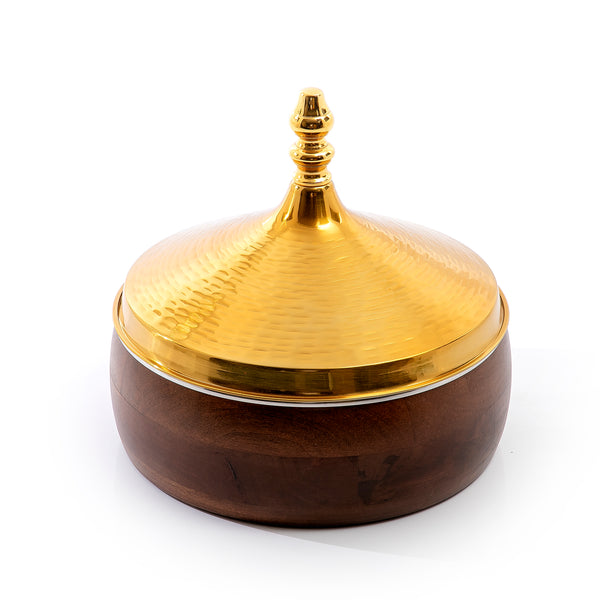 brown round wooden food preserver with gold metal cover