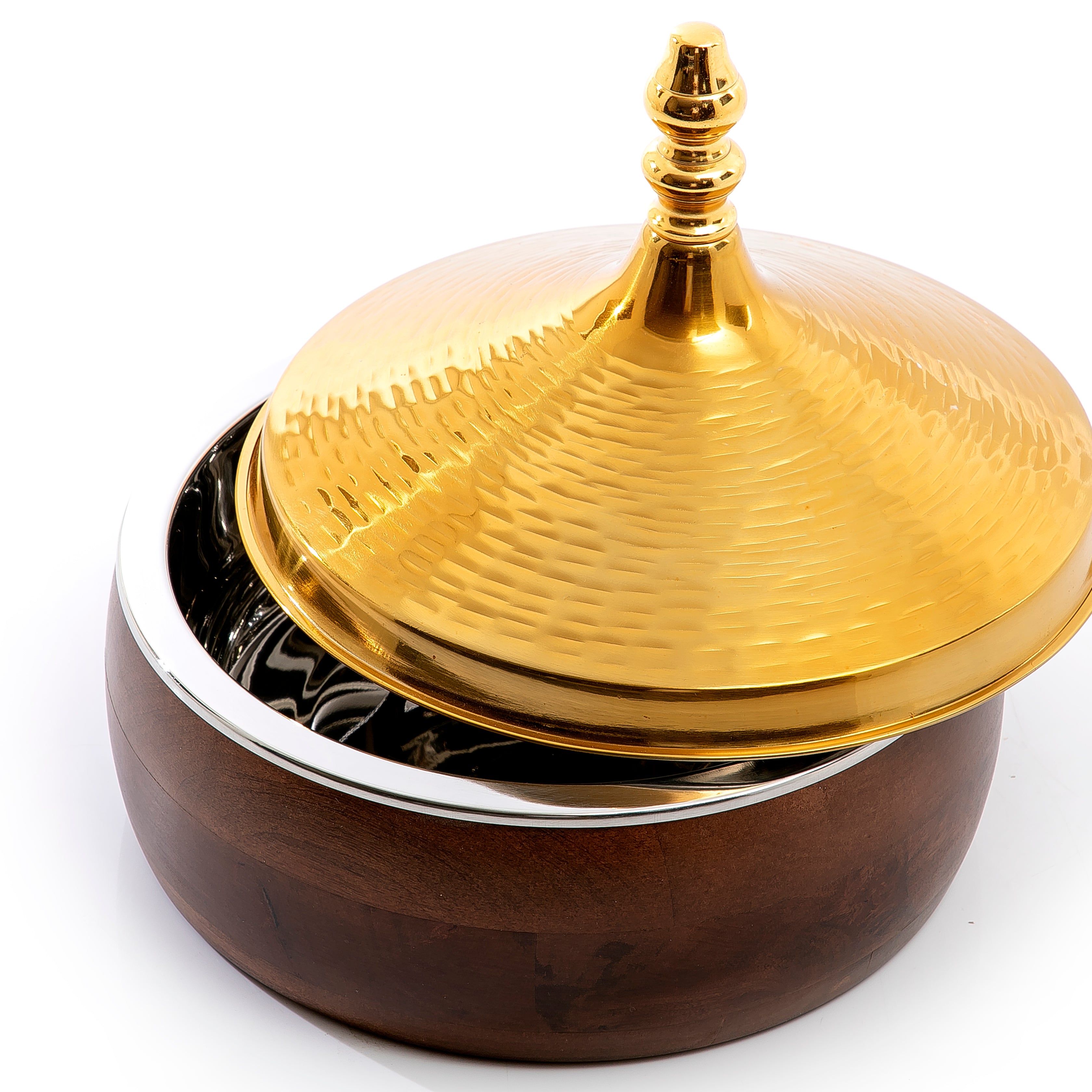brown round wooden food preserver with gold metal cover
