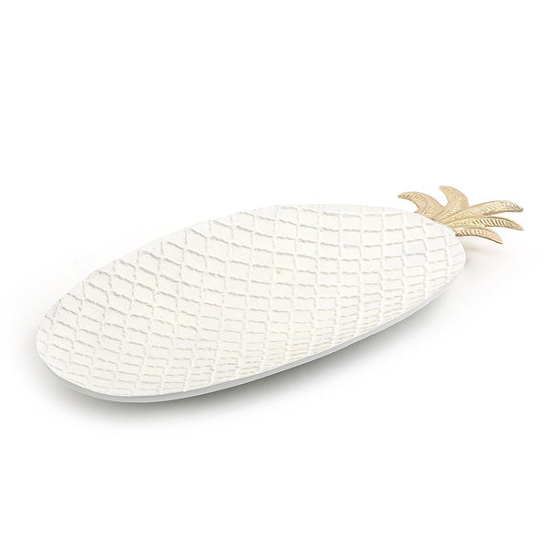 صحن معدني بيضاوي أبيض مع مقبض ذهبي