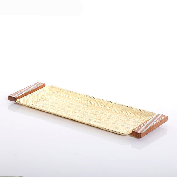 صينية معدنية كبيرة مستطيلة الشكل بمقابض خشبية 