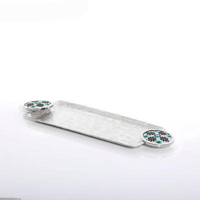Small rectangular silver tray with two circular metal handles