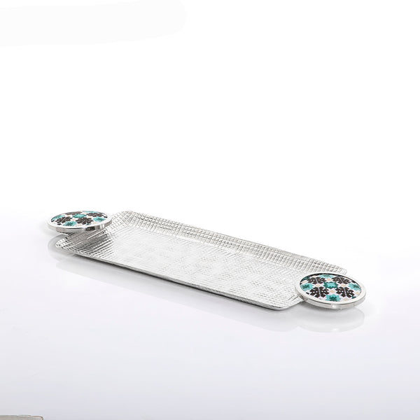 Small rectangular silver tray with two circular metal handles
