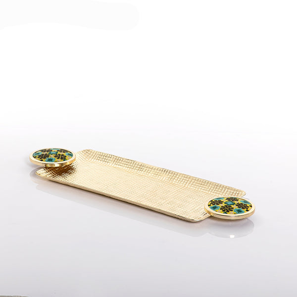 صينية مستطيلة ذهبية مع مقبضين معدنيين دائريين