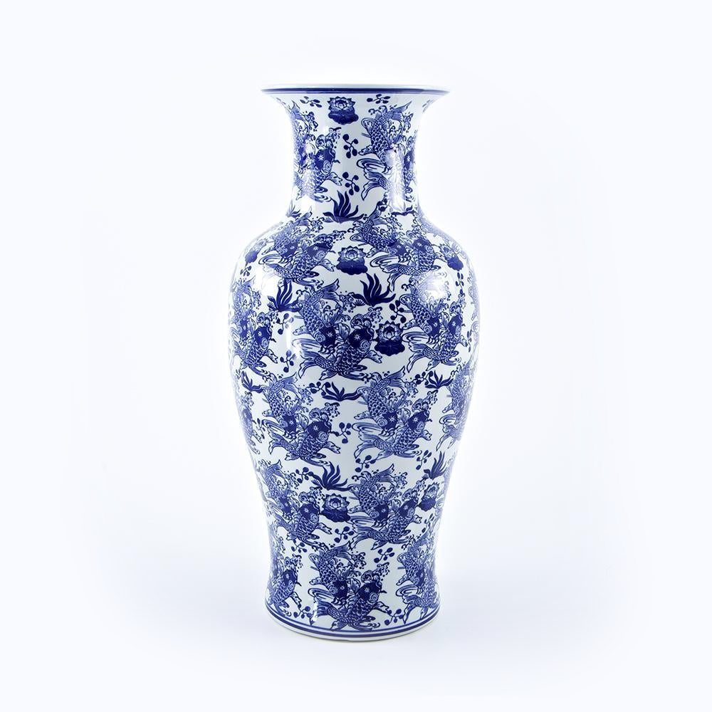Tall Chinese Ceramic Vase With Blue Floral Decorations