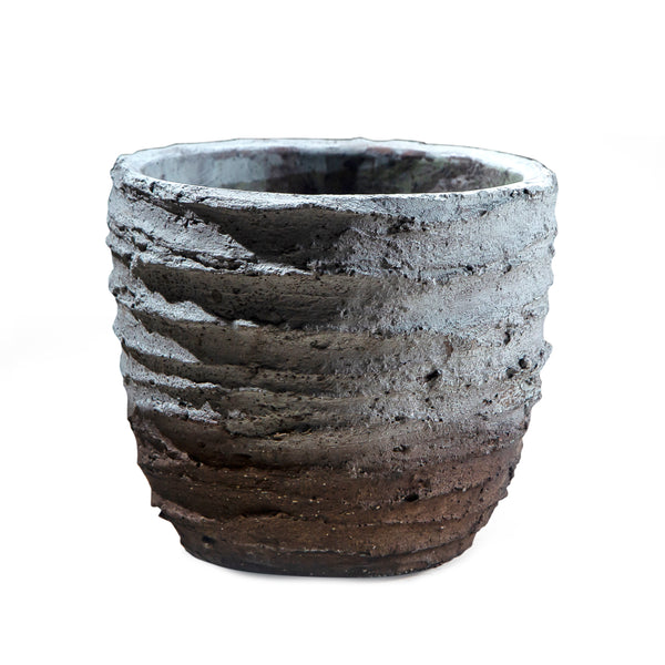 Round Cement Vase With Textured Finish And Raised Lines