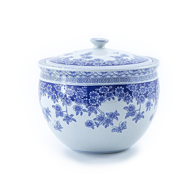 Chinese Bowl With Blue Floral Decorations And Lid