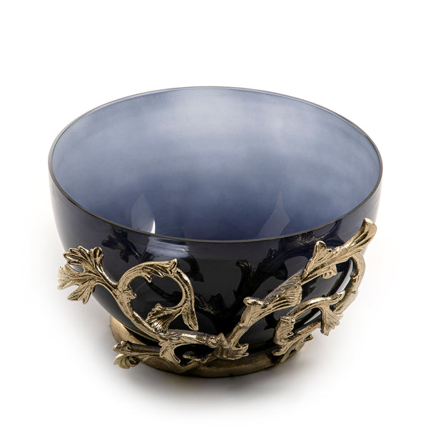 Round Blue Glass Bowl With Gold Metal Base