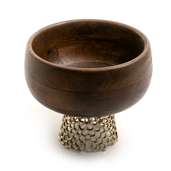 Round Wooden Bowl With Gold Metal Base