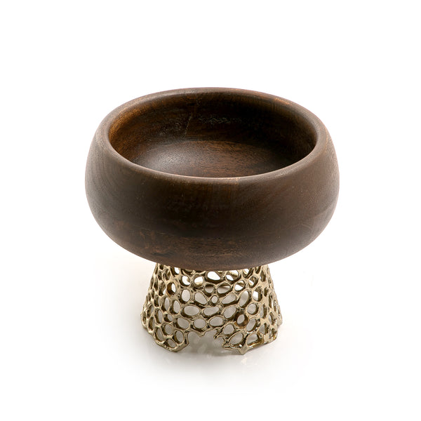 Round Wooden Bowl With Gold Metal Base