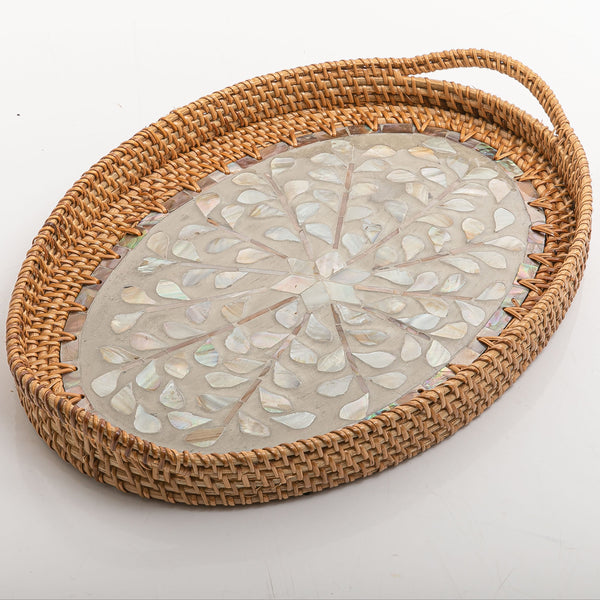 Grey Oval Vietnamese Mop And Rattan Tray