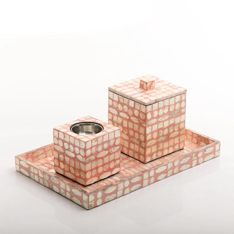 طقم مبخر من الصدف (صينية + علبة + مبخر ) - وردي