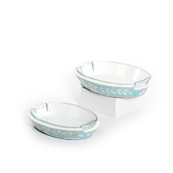Set of Oval Glass Dishes with Mother of Pearl Base - Small