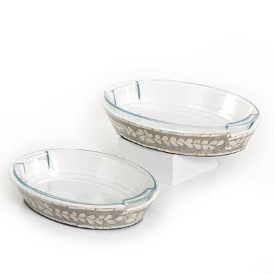 Set of Oval Glass Dishes with Mother of Pearl Base - Large