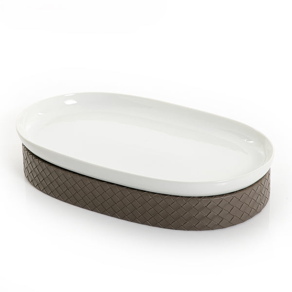 Oval Ceramic Stand With Brown Leather Base