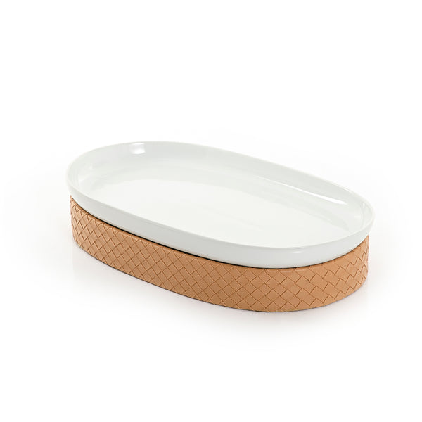 Oval Ceramic Stand With Dark Beige Leather Base