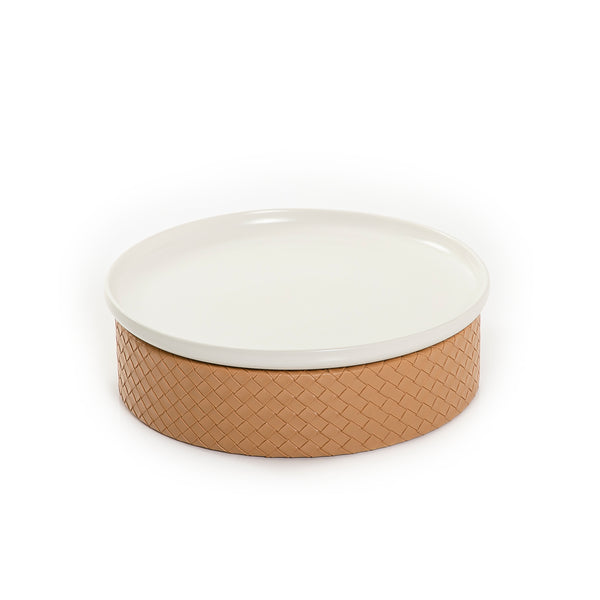 Round Ceramic Stand With A dark Beige Leather Base