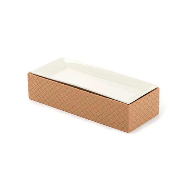 rectangular Ceramic Stand With A dark Beige Leather Base