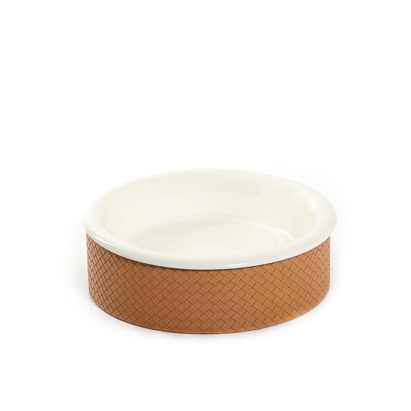 Round Ceramic Stand With A dark Beige Leather Base