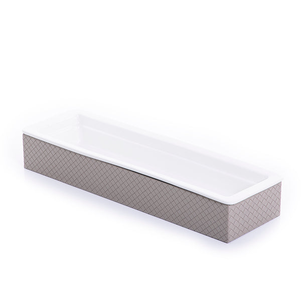 rectangular ceramic plate with gray leather base
