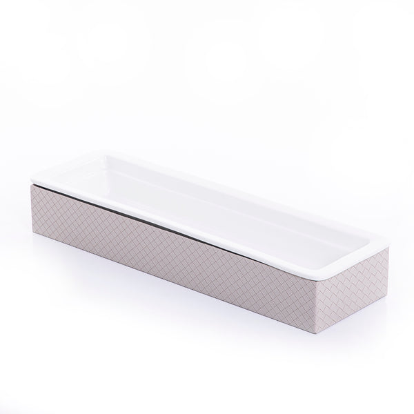 rectangular ceramic plate with beige leather base