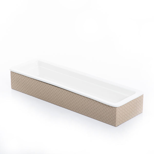 rectangular ceramic plate with light brown leather base