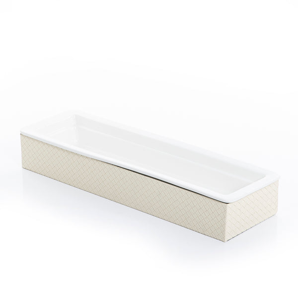 rectangular ceramic plate with white leather base
