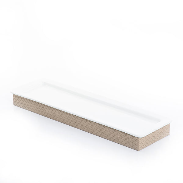 rectangular ceramic plate with light brown leather base