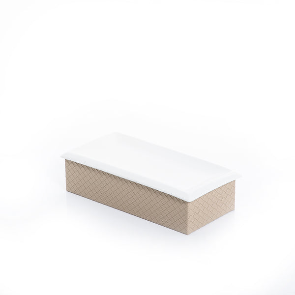 rectangular ceramic plate with light brown leather base