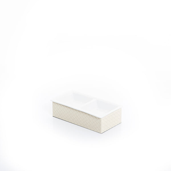 rectangular ceramic plate with white leather base