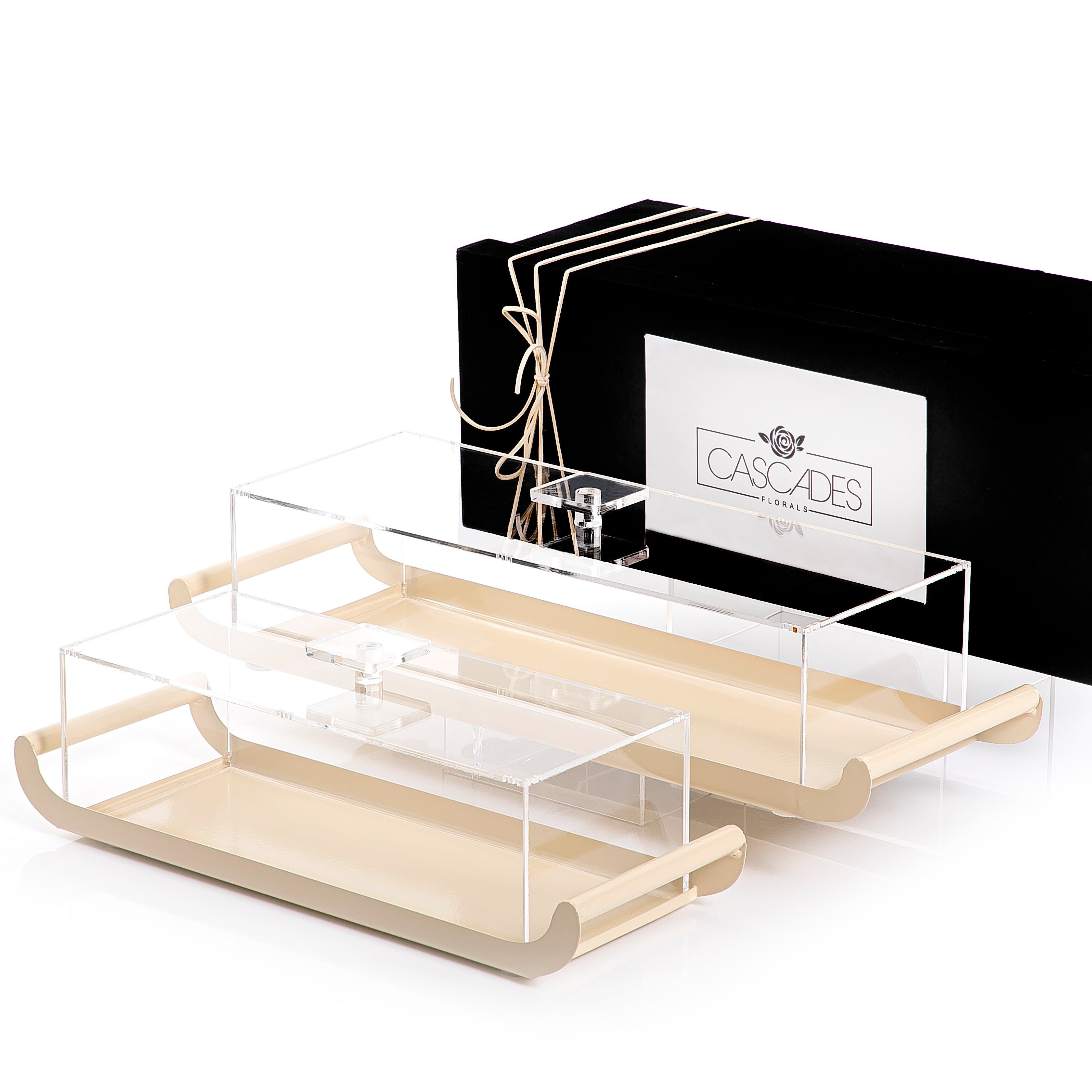 2 beige rectangular metal trays with acrylic covers