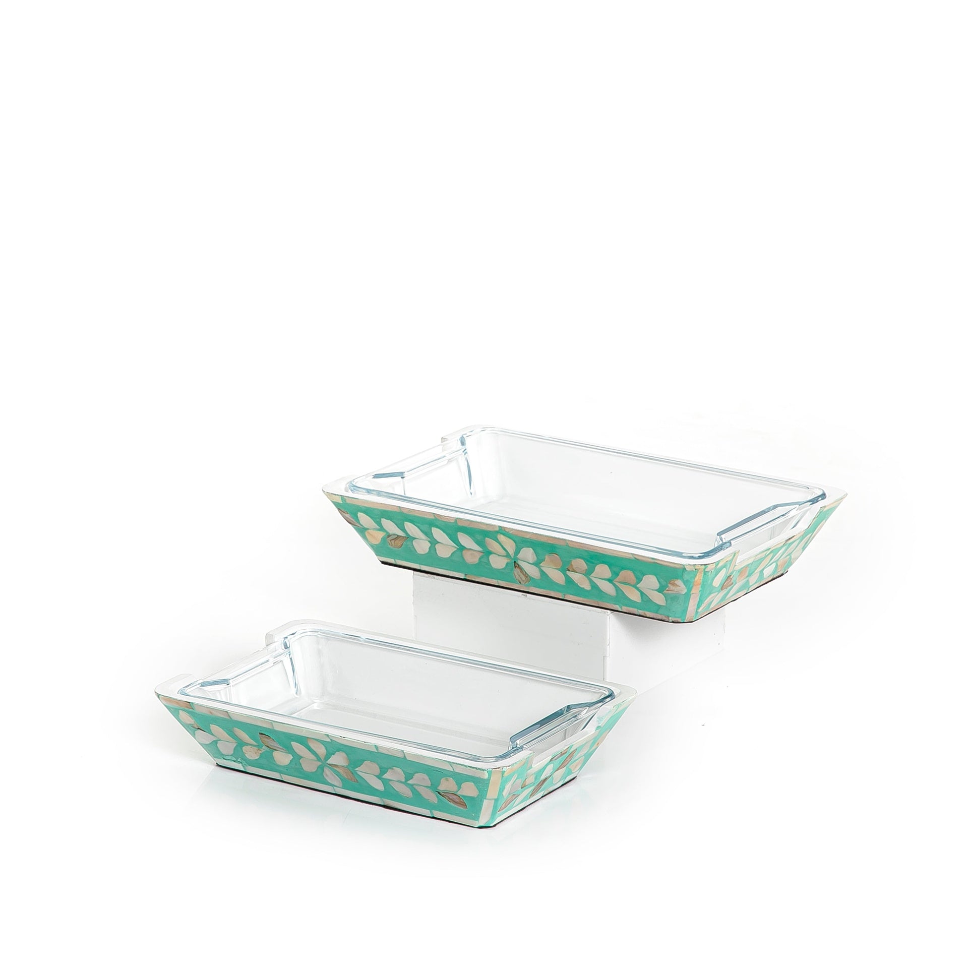 طقم 2 طبق زجاجي بقاعدة من الصدف_ صغير