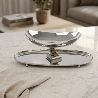 Oval Metal Dish with Bowl 2-Tires with gift box - Silver