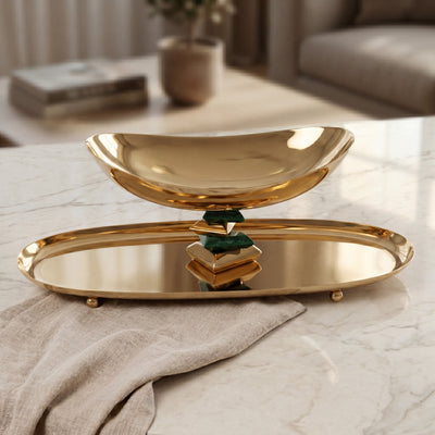 Oval Metal Dish with Bowl 2-Tires with gift box - Gold