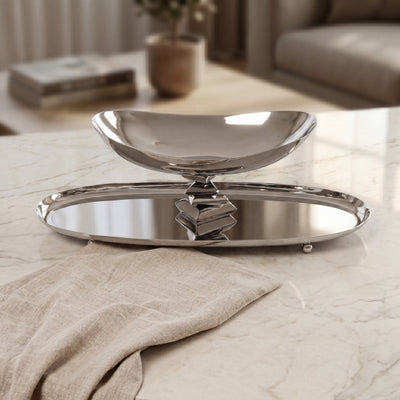 Oval Metal Dish with Bowl 2-Tires with gift box - Silver
