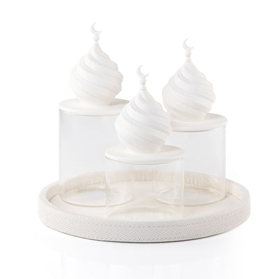 طقم من 3 جار زجاجي فاخر مع صينية جلد مع بوكس هدايا