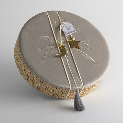 بوكس مجوهرات دائري كبير من الراتان مع غطاء – رمادي