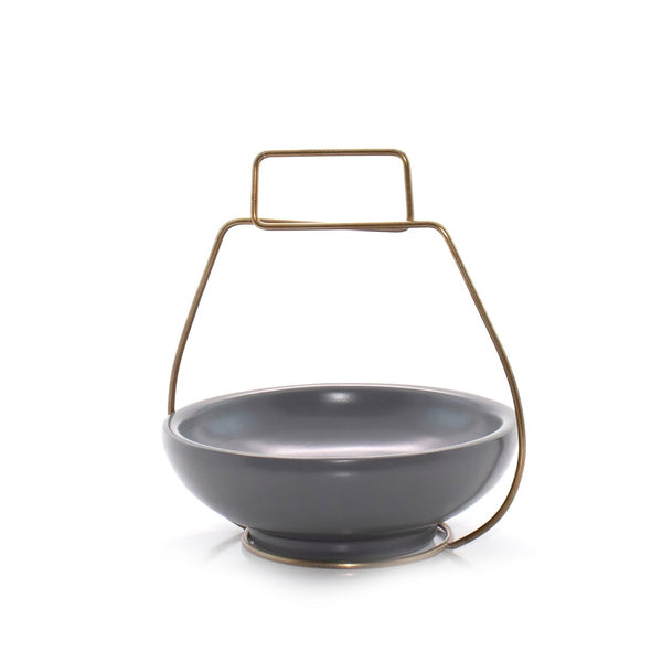 Grey Round Wood Bowl With Gold Metal Stand