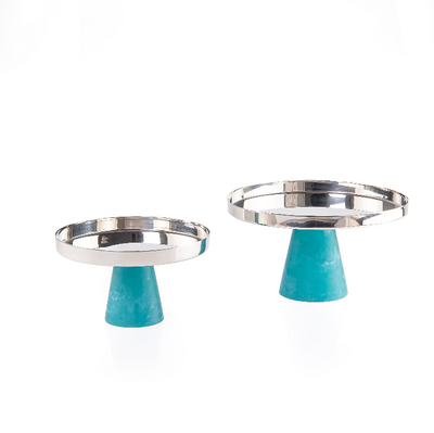 طقم 2 طبق تقديم دائري من الستانلس ستيل مع قاعدة من الريزن بتصميم مخروطي عريض وبوكس هدية