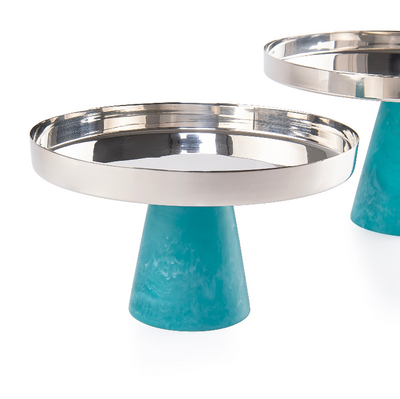 طقم 2 طبق تقديم دائري من الستانلس ستيل مع قاعدة من الريزن بتصميم مخروطي عريض وبوكس هدية