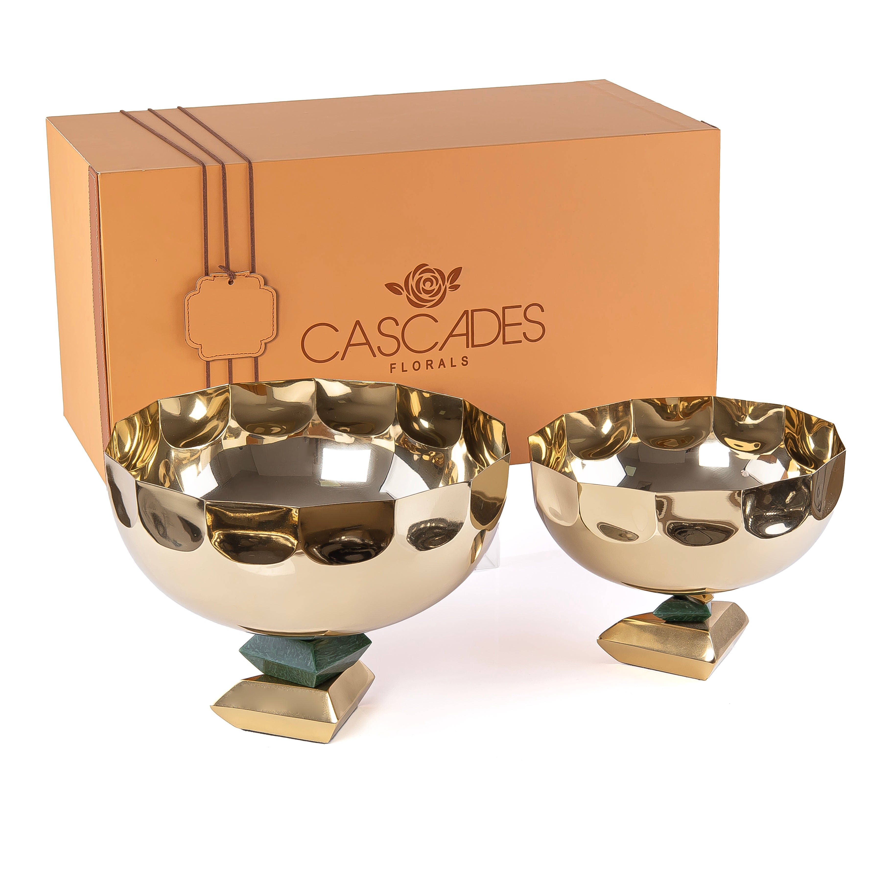 Set of 2 Round Metal Serving Bowl with base stand with gift box- Gold and Green
