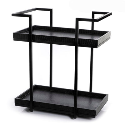 black steel trolly with 2 black leather trays