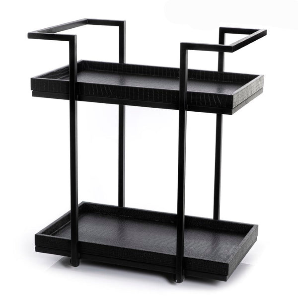 black steel trolly with 2 black leather trays